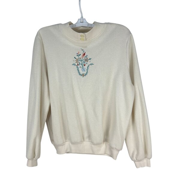 Vintage Teddi Womens Embroidered Floral Sweater Long Sleeve Large Cream Ribbed - Picture 1 of 10